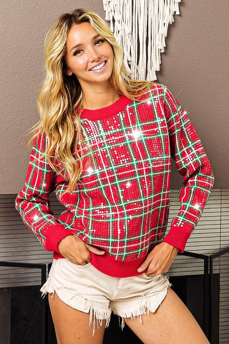 IP8782G-02 | CLEAR SEQUIN PLAID SWEATER ConvertibleCollar