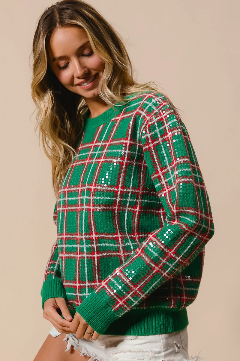 IP8782G-02 | CLEAR SEQUIN PLAID SWEATER Convertible Silhouette