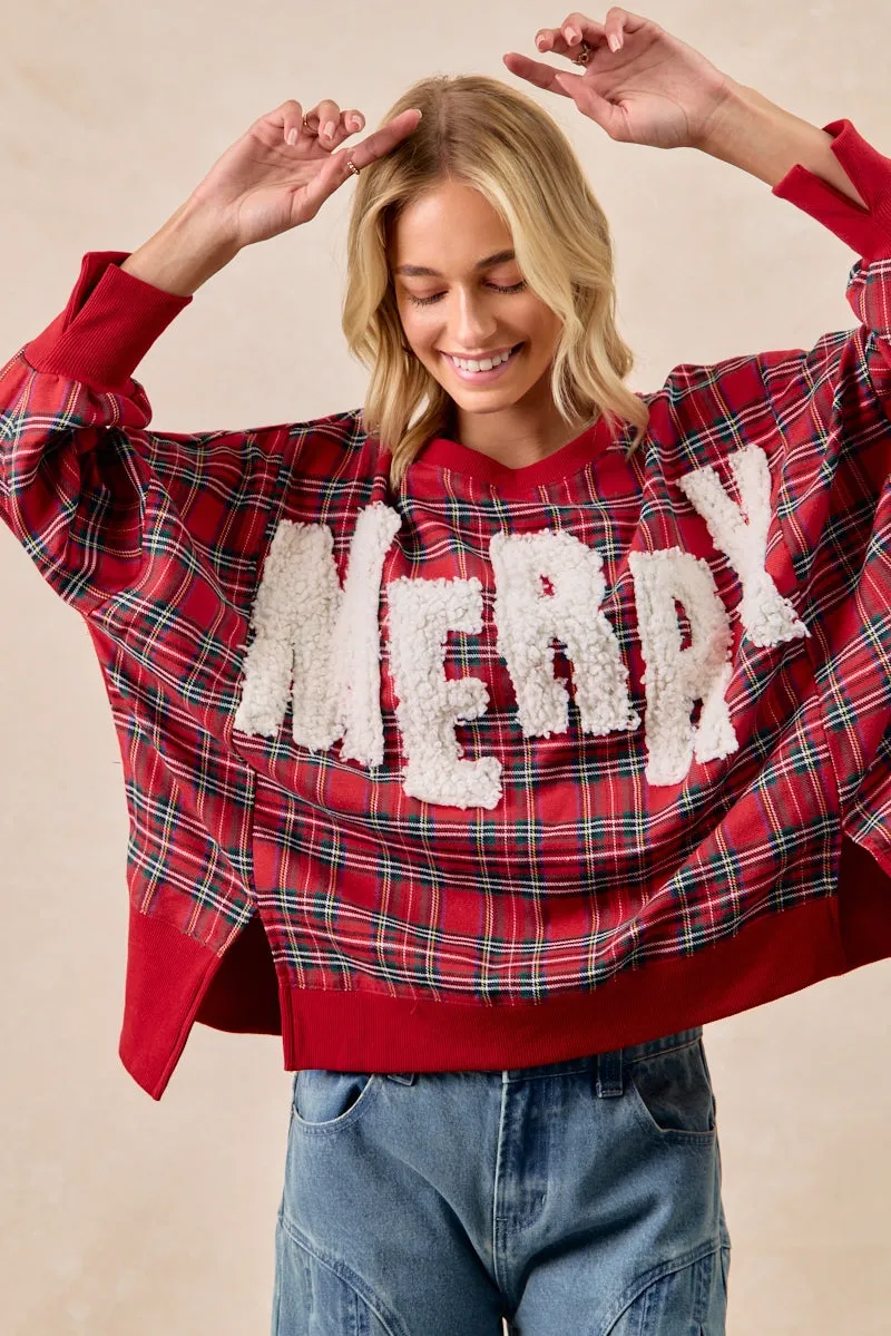 Fleece Inside IT3426G-22 | MERRY LETTER PATCHES CHRISTMAS PLAID SWEATSHIRT