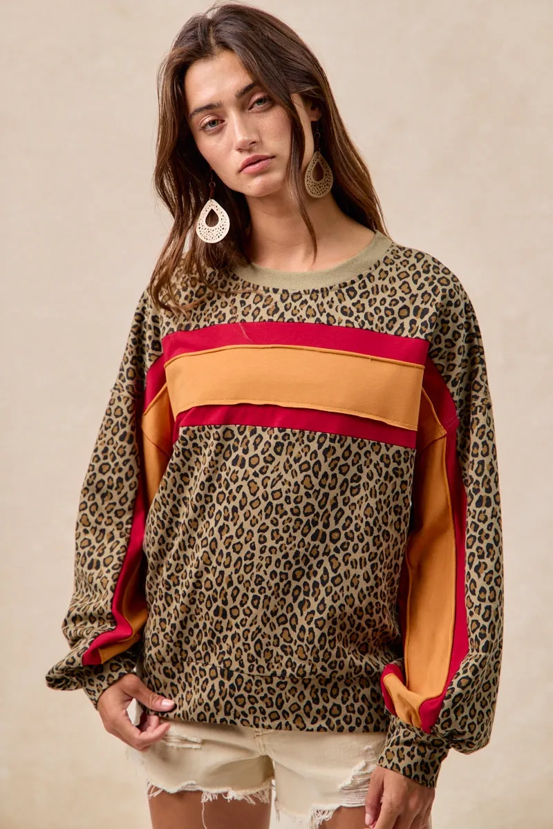IT1485S-04 | LEOPARD FRENCH TERRY COLOR BLOCK TOP WITH CUT EDGE Non Restrictive Cut