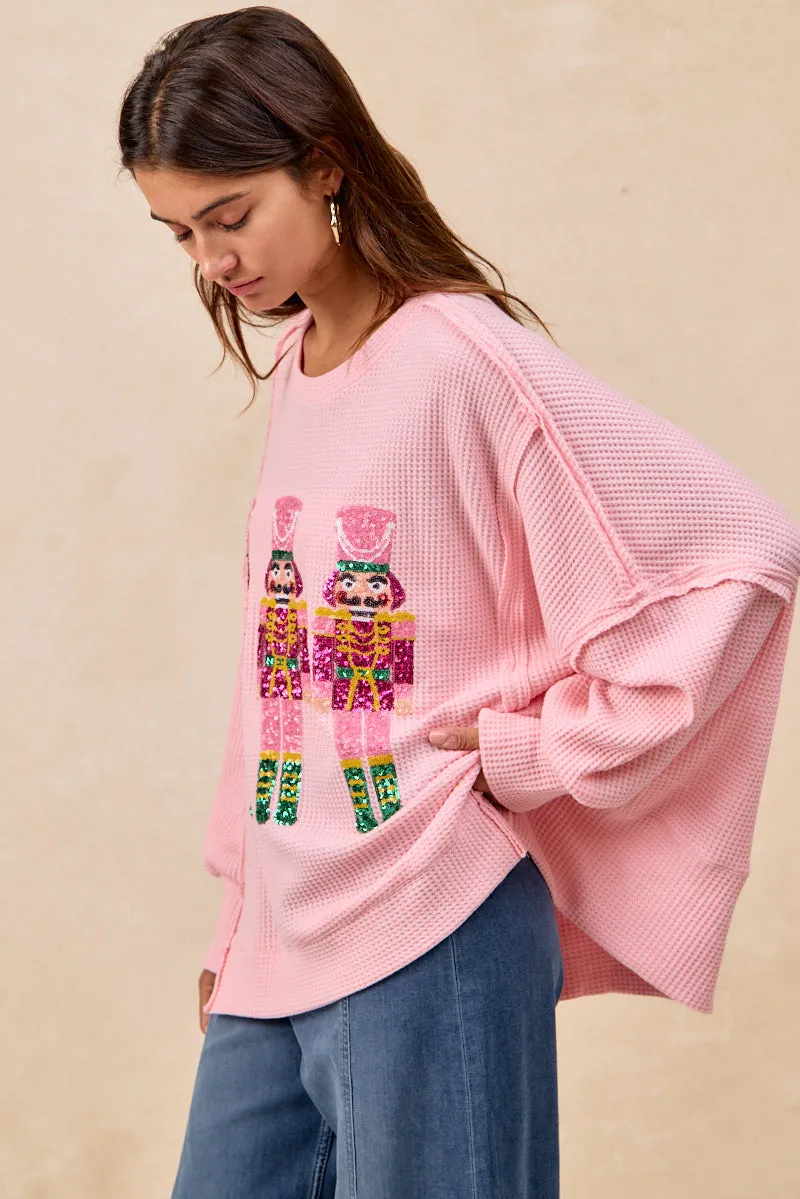 IT3426G-46 | CHRISTMAS SEQUIN NUTCRACKERS EMBROIDERY SWEATSHIRT DoubleLayeredCuffs