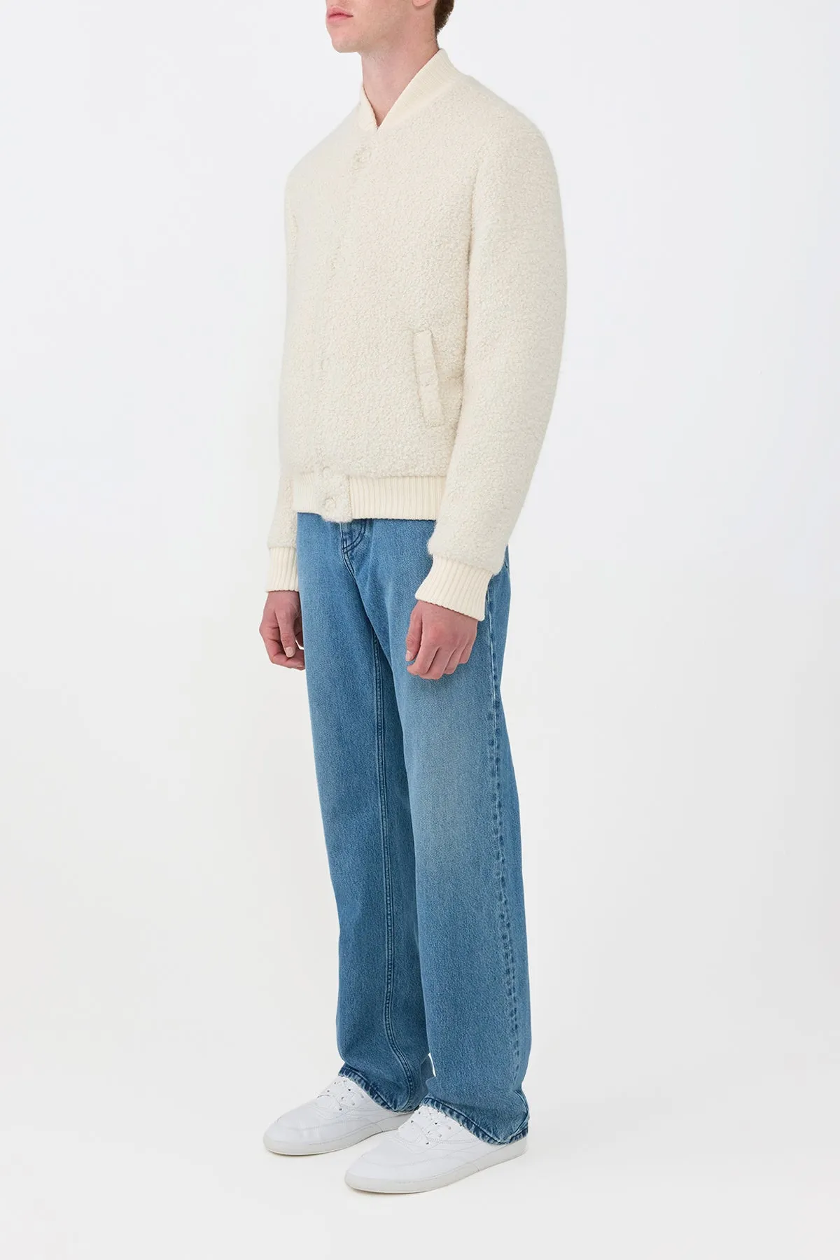 Brandon Bomber in Ivory Recycled Cashmere Boucle High Neckline