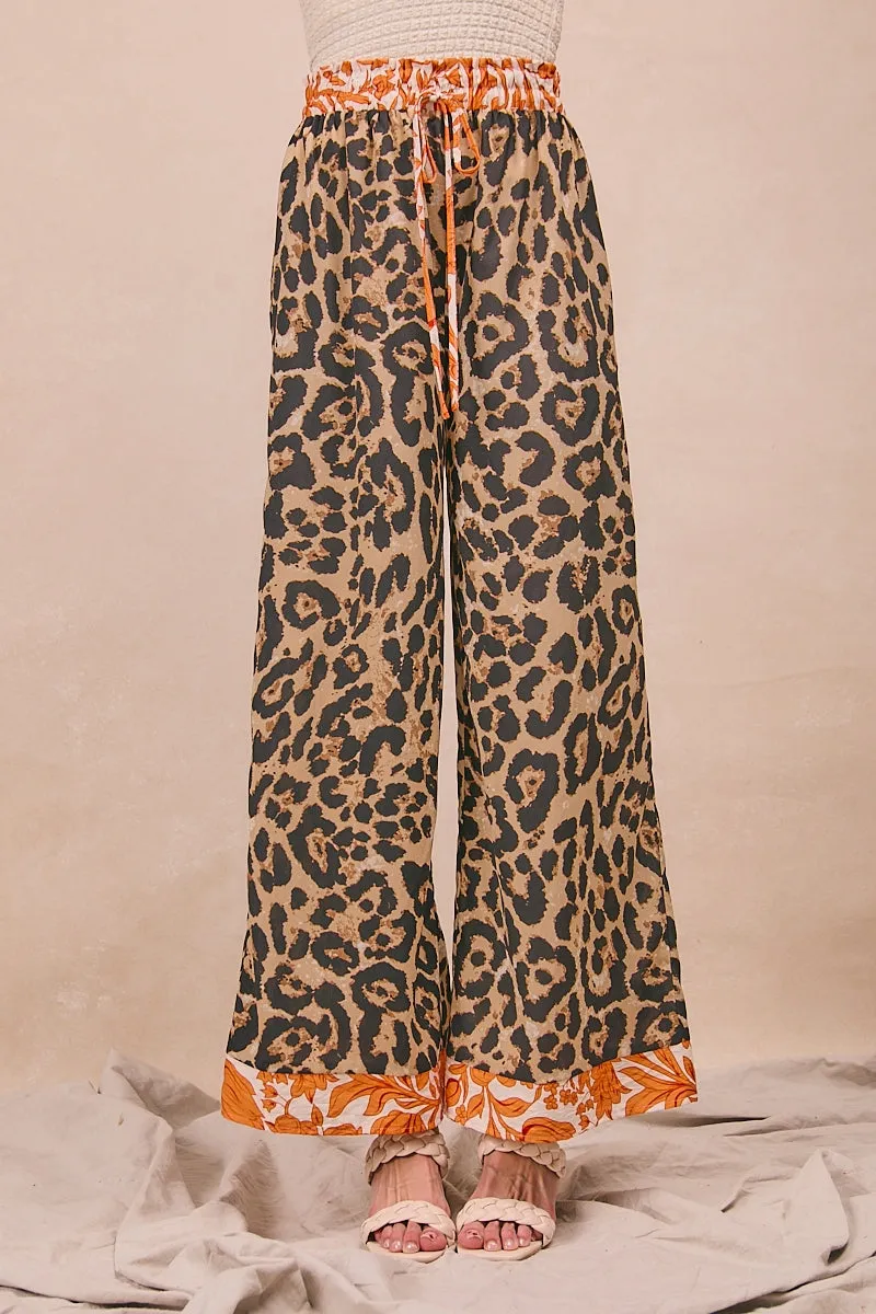 IB1773-01 | LEOPARD PRINT WITH CONTRAST BANDED WIDE PANTS Classic Elegance