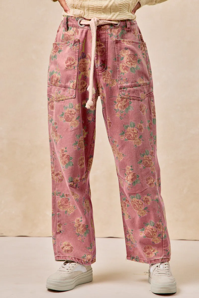 Abrasion resistant EasyCareFabric IB1537G-16 | BRAIDED WAIST BELT PATCH POCKETS FLORAL PRINT PANT