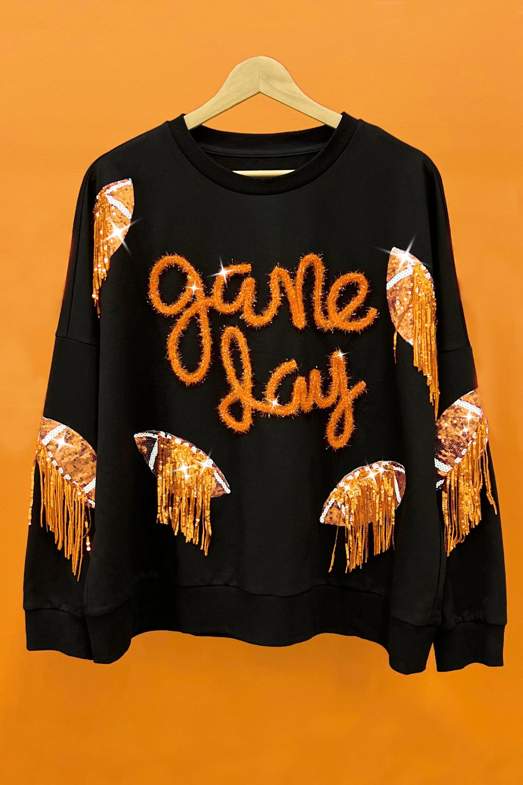 IP8321G-04 | SEQUIN FRINGED FOOTBALL PATCH GAME DAY SWEATSHIRT Office Appropriate