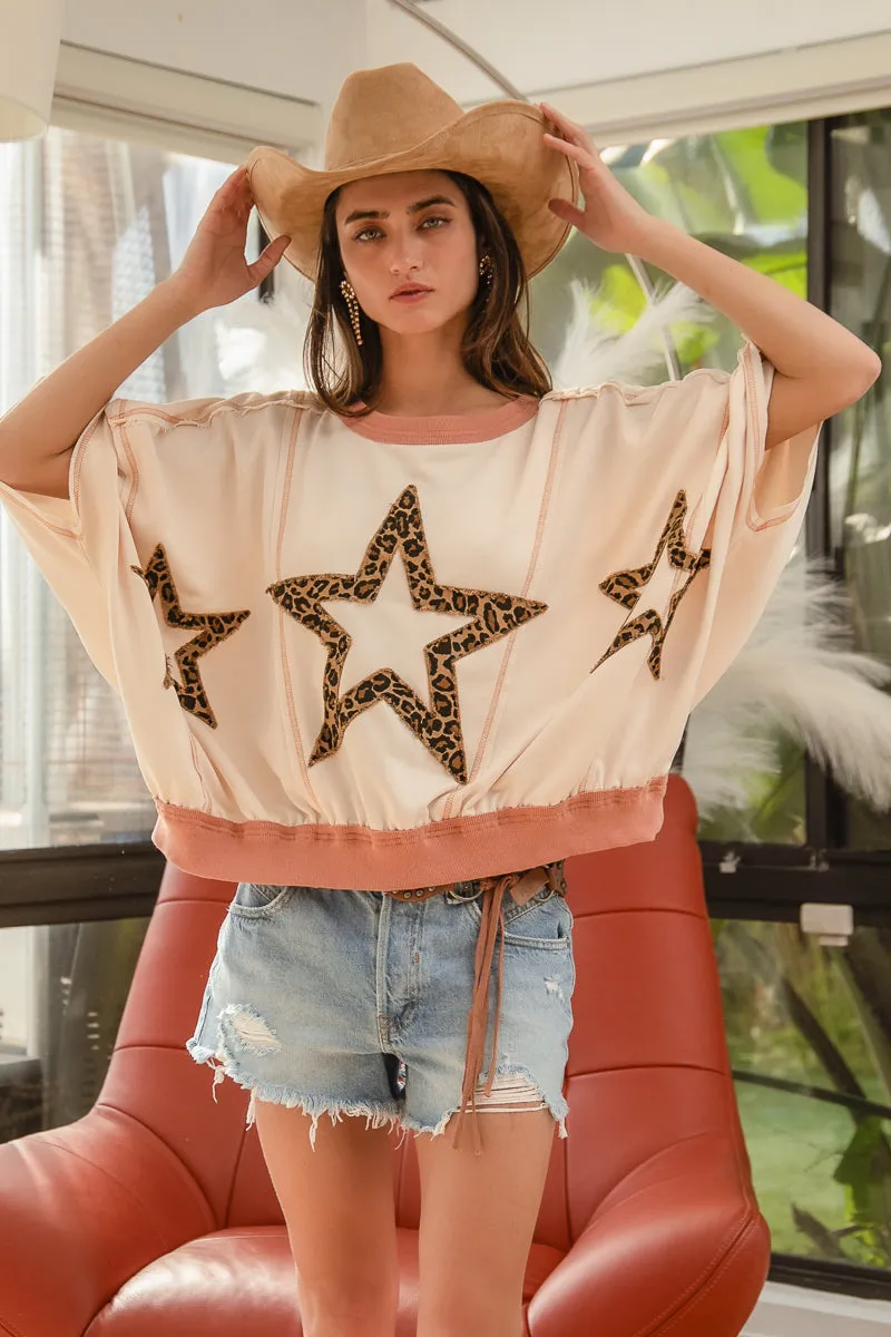 IT3796G-14 | LEOPARD PRINT STARS PATCHWORK OVERLOCK STITCH SHORT SLEEVES TOP OdorControl Treatment