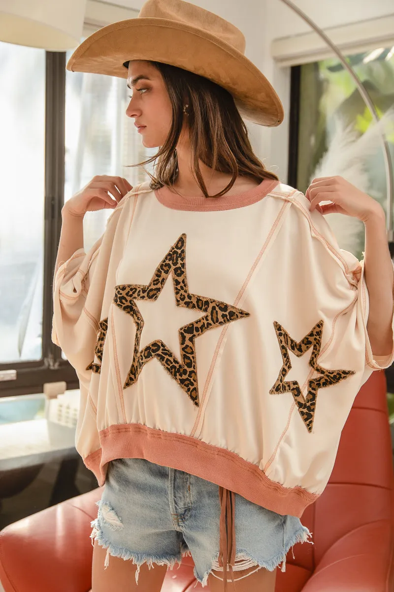 IT3796G-14 | LEOPARD PRINT STARS PATCHWORK OVERLOCK STITCH SHORT SLEEVES TOP Slip Resistant Grip