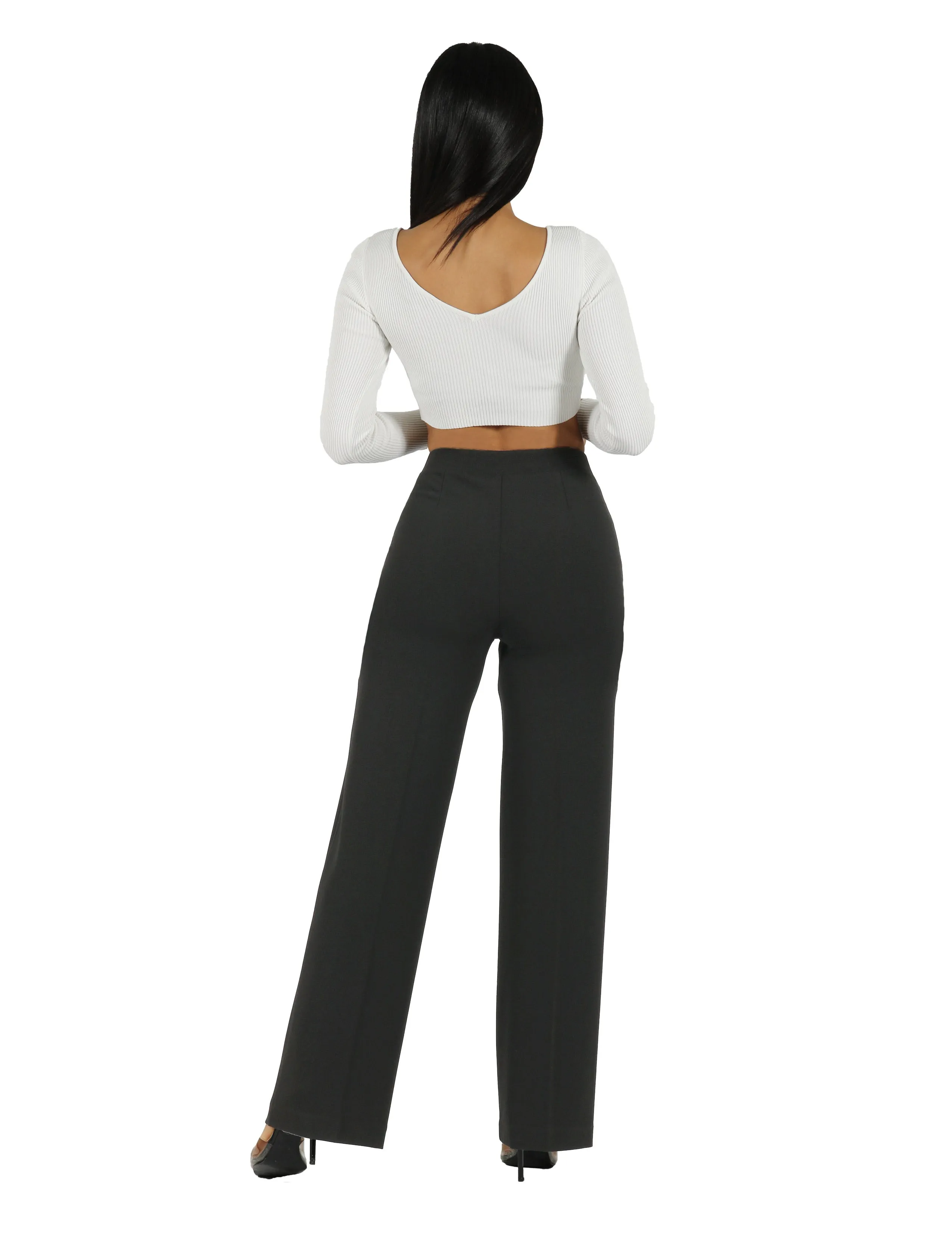 Stylish Waistband SlimFit So Chic Knit Crepe 4 Hole Buttons High Rise Wide Leg Pant