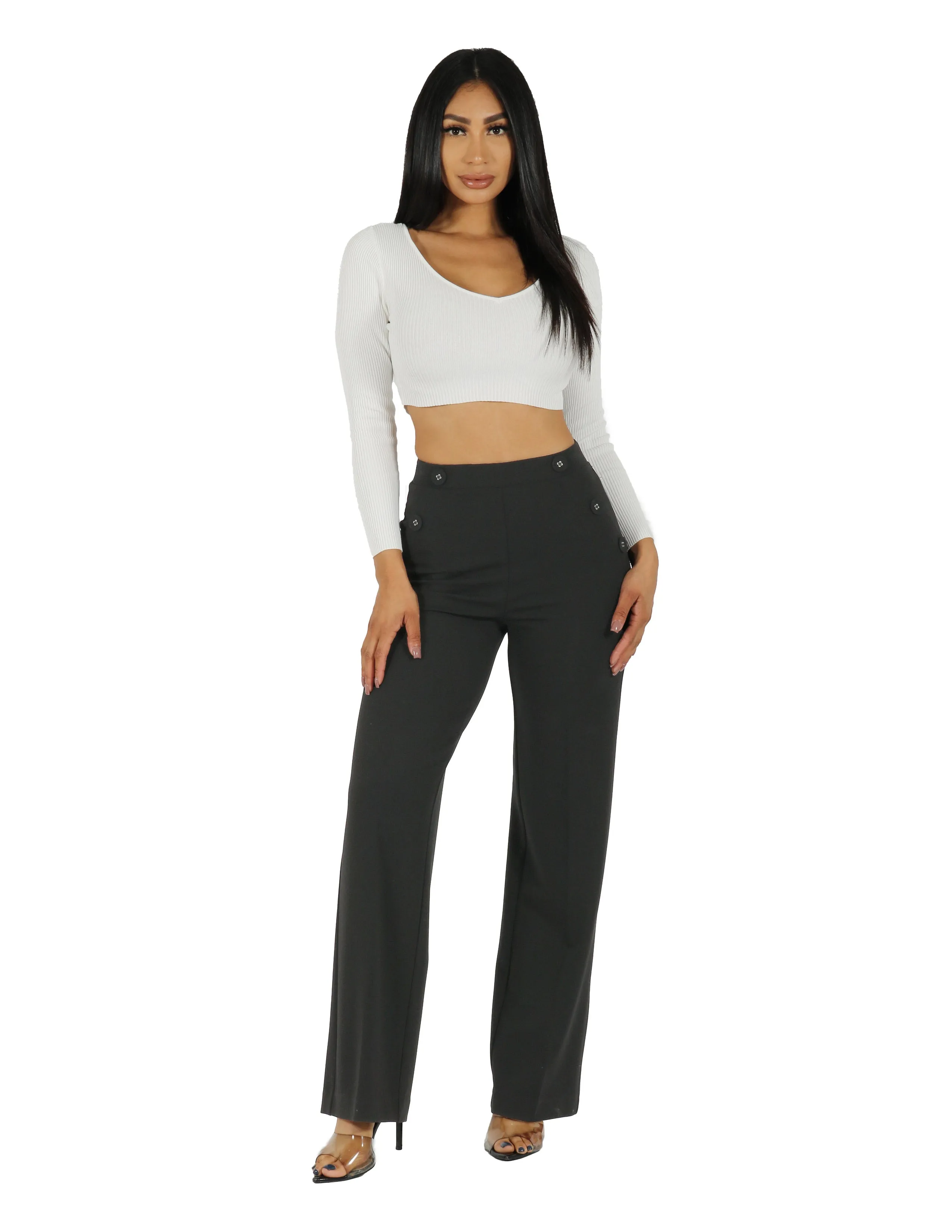 Tapered Look So Chic Knit Crepe 4 Hole Buttons High Rise Wide Leg Pant