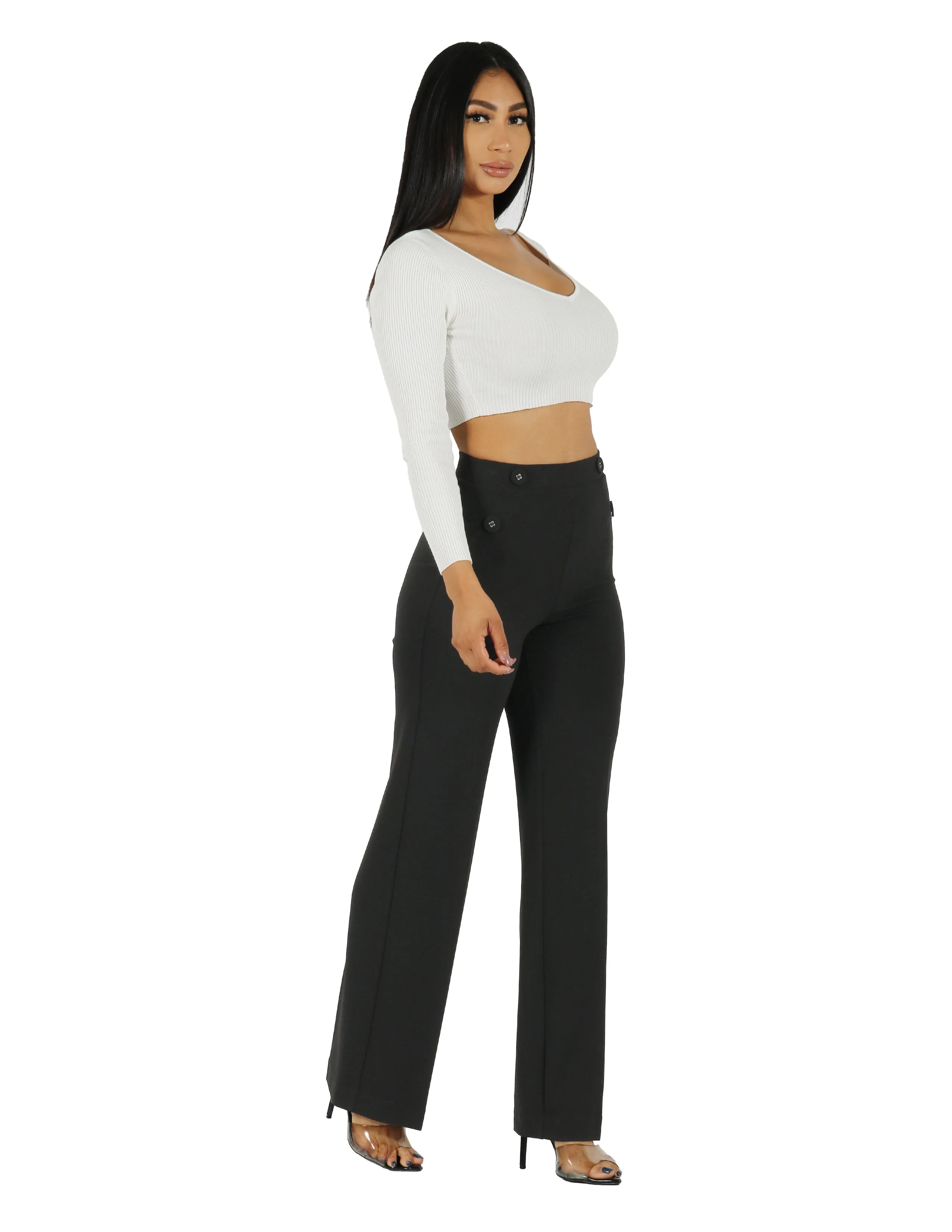 FrictionResistantEdging So Chic Knit Crepe 4 Hole Buttons High Rise Wide Leg Pant