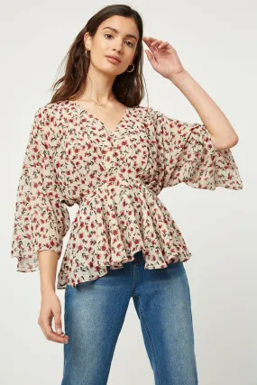 Dolman Sleeve Floral Peplum Top Ribbed Trim