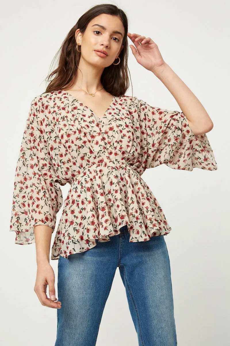 Durable Double Stitching SolarReflectiveFinish Dolman Sleeve Floral Peplum Top