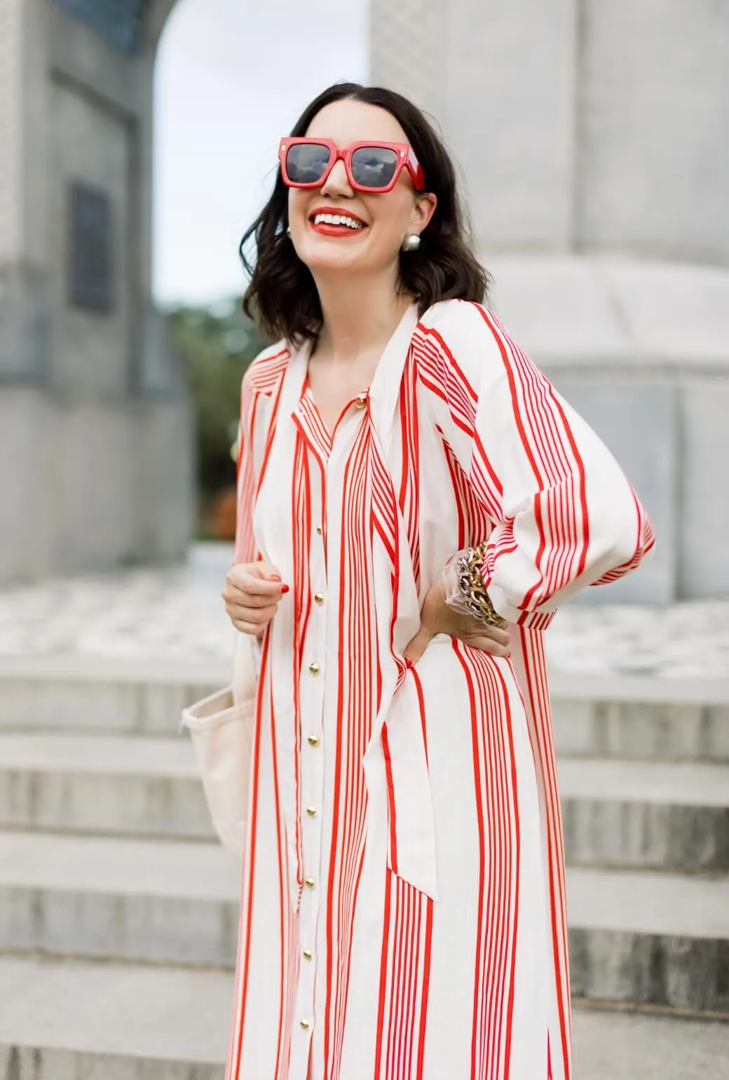 Contrast Stitch Accent Buru x Val Bow Housecoat - Red & White Stripe