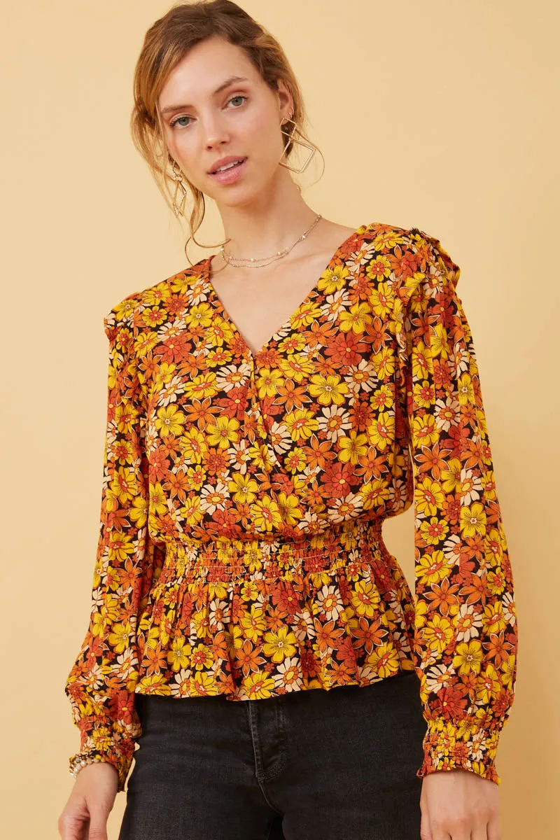 Floral Smocked Peplum Surplice Long Sleeve Top Flatlock Seam Design