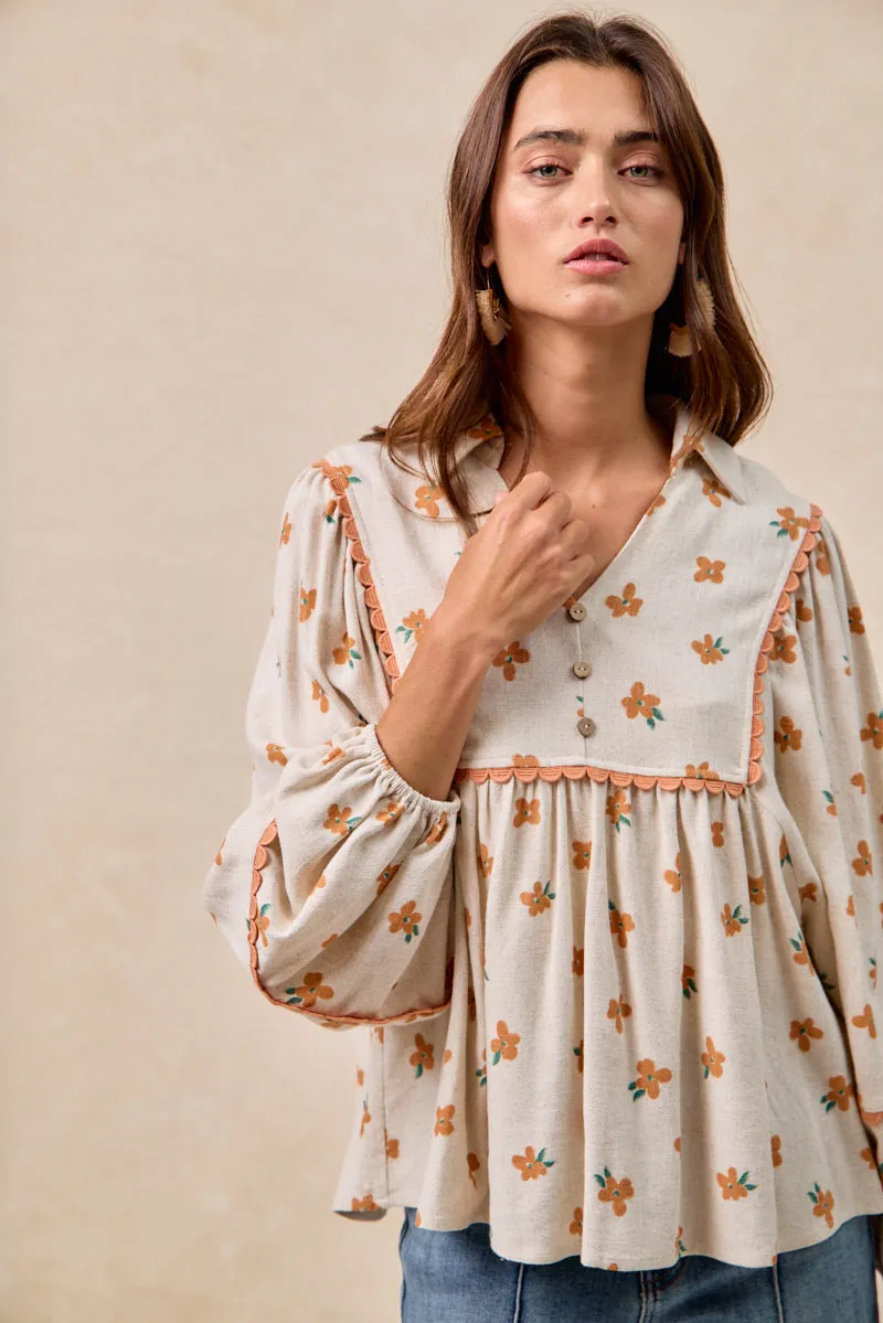 IT4532S-01 | FLORAL PRINTED LINEN COLLARED TOP WITH RIC RAC TRIM DETAIL LowProfileZipperSystem Moisture Wicking Fabric