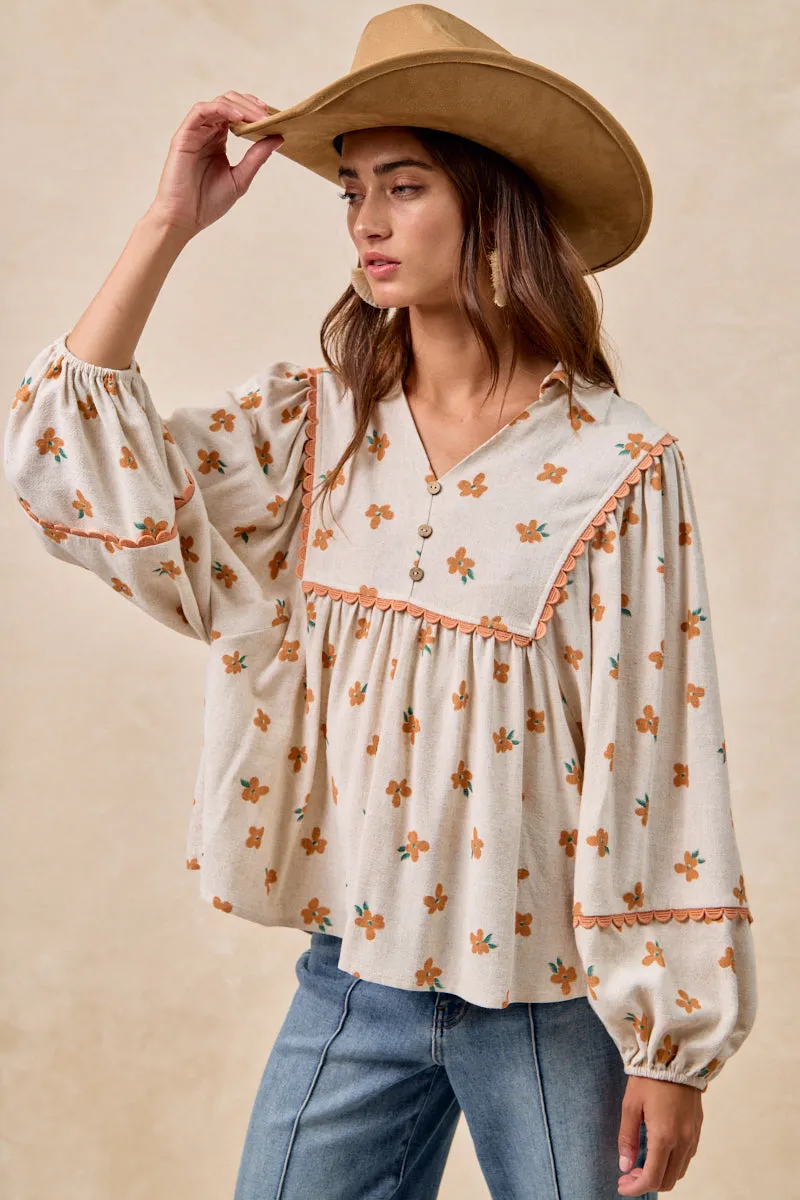 IT4532S-01 | FLORAL PRINTED LINEN COLLARED TOP WITH RIC RAC TRIM DETAIL VentedBack StretchableKnit