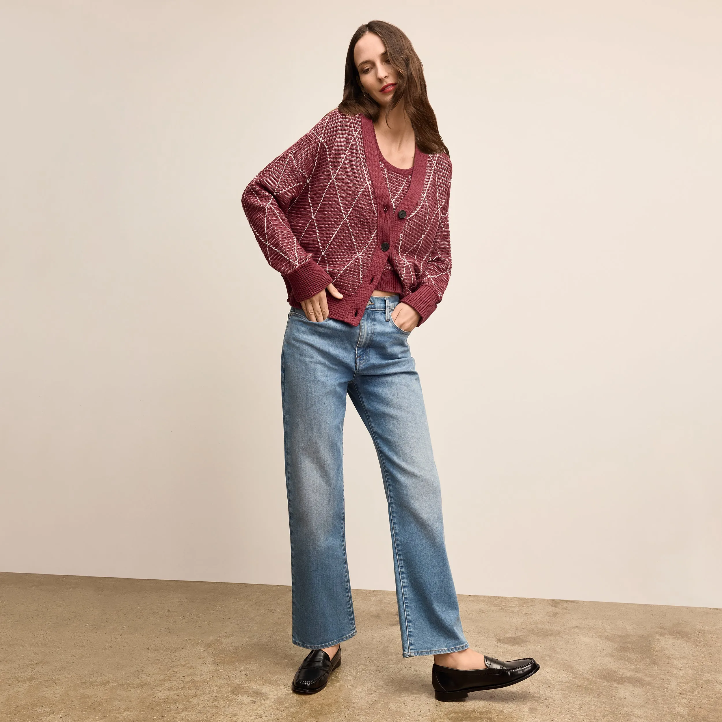 Dakota Easy Luxury Cardigan - Argyle Knit :: Red Umber DoubleLayeredShoulders Active Design