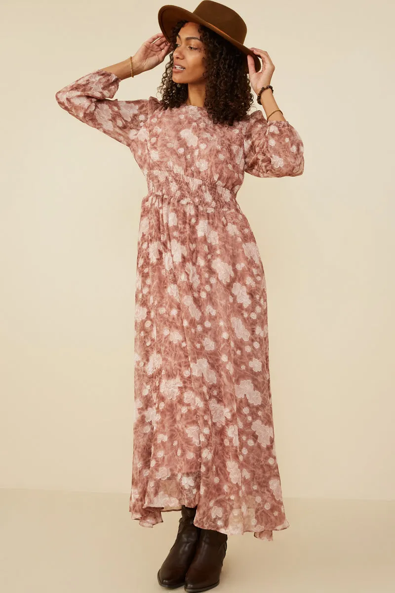 Floral Burnout Textured Long Sleeve Maxi Dress Empire-Waist