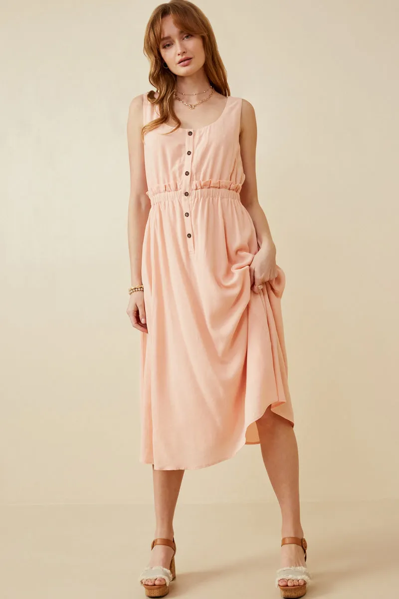 Skin Tone Gentle Drape Ruffle Waist Button Front Tank Dress