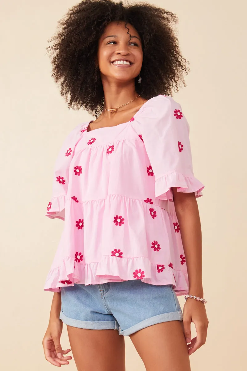 Sporty Sweatshirt Adjustable Hem All Over Daisy Embroidered Square Neck Top