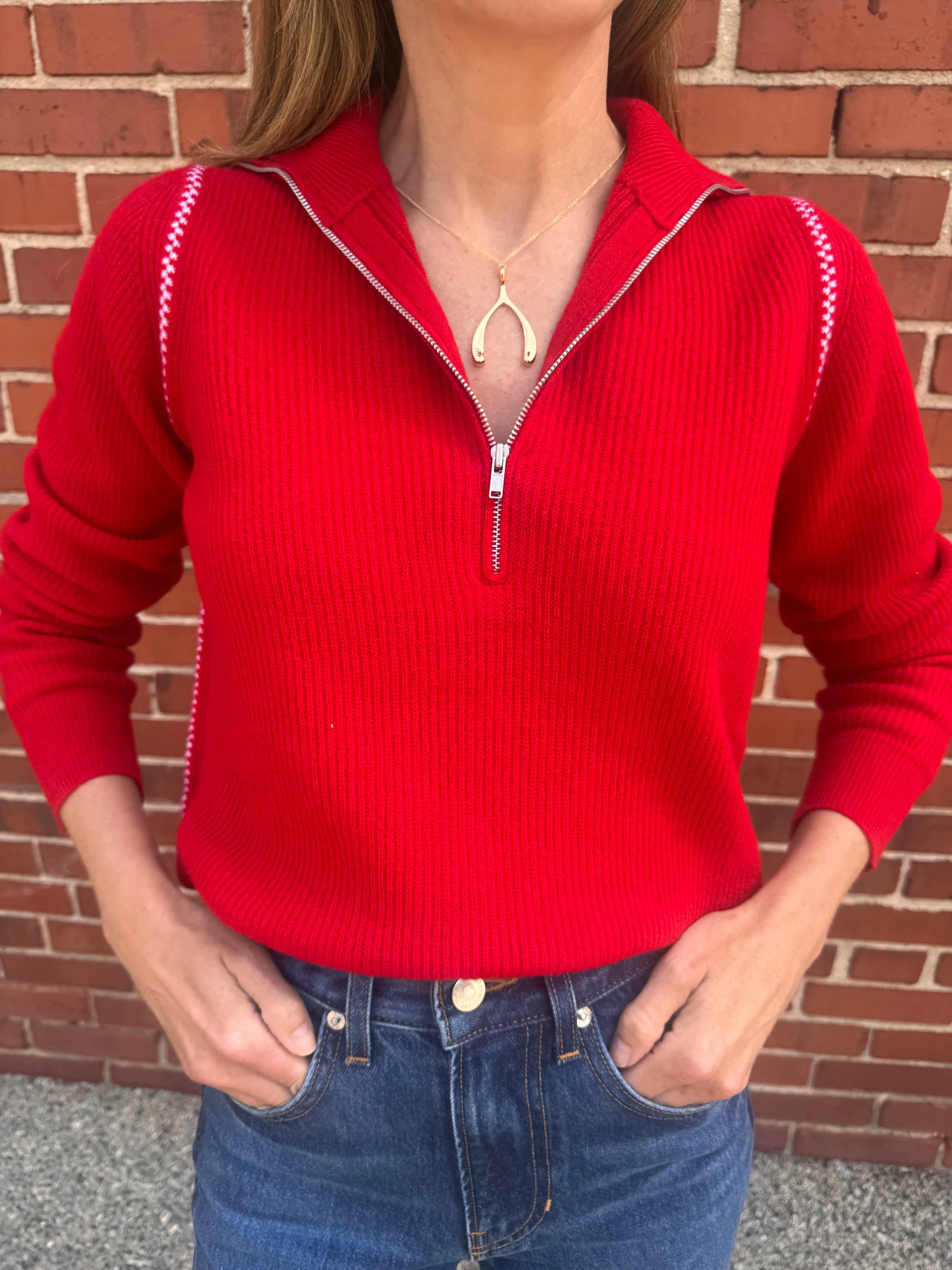 AUTUMN CASHMERE RIBBED 1/4 ZIP SWEATER Contrast Stitching Garment Washed Softness