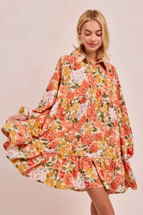ID2029G-06 | FLORAL PRINT SHIRRING HALF BUTTONED SHIRT DRESS Snag Free Surface