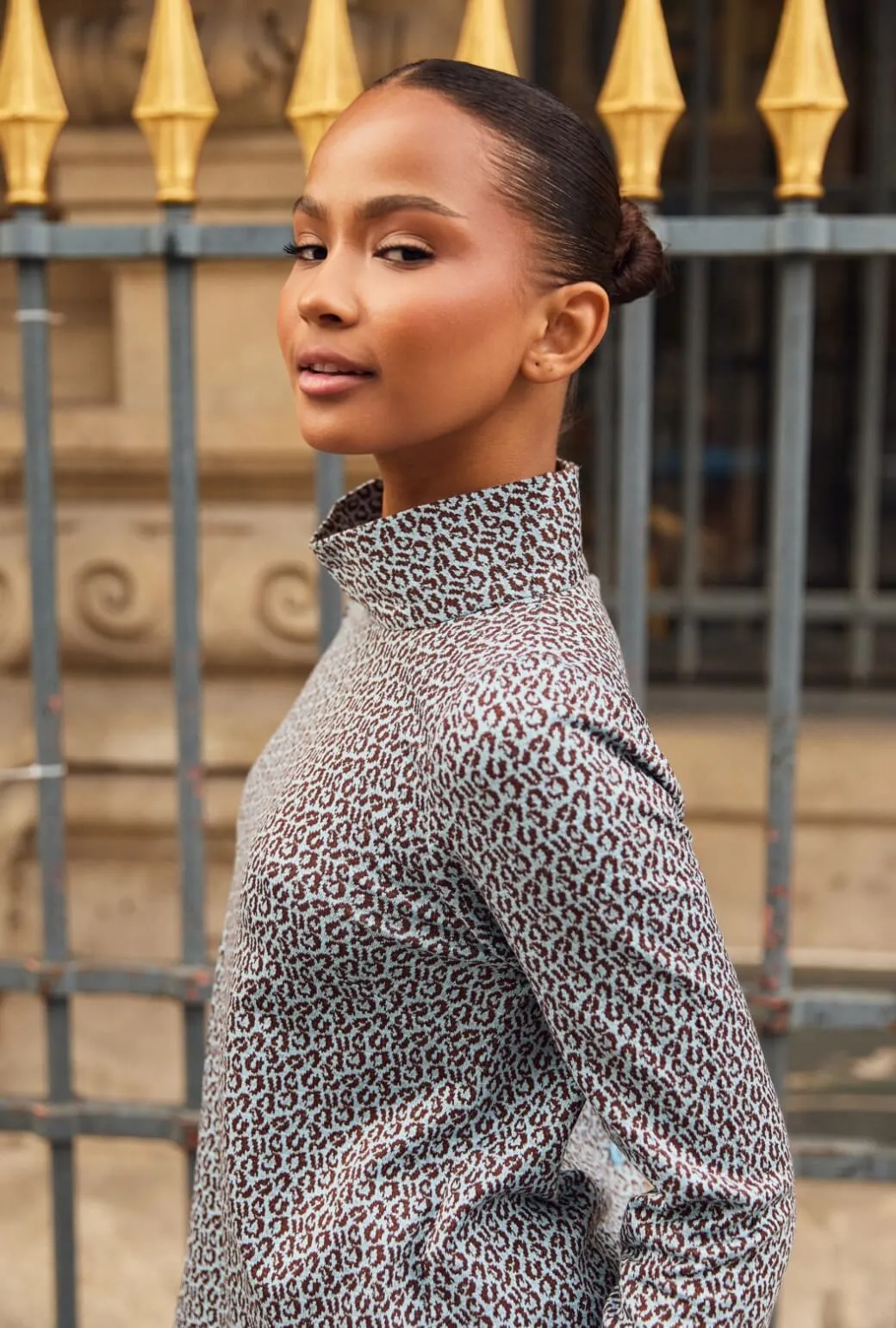 Long Sleeve Mod Top - Blue & Brown Cheetah Knit Lightweight Weave HighDurabilityWeave