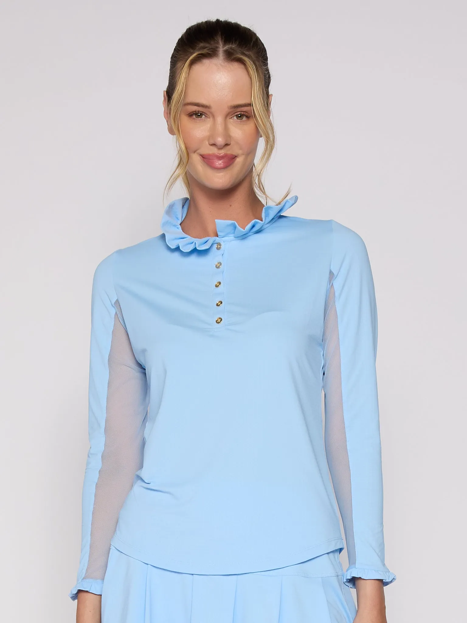 Long Sleeve Ruffle Top With Gold Buttons in Various Colors BrushedInnerLining MoistureWickingMaterial
