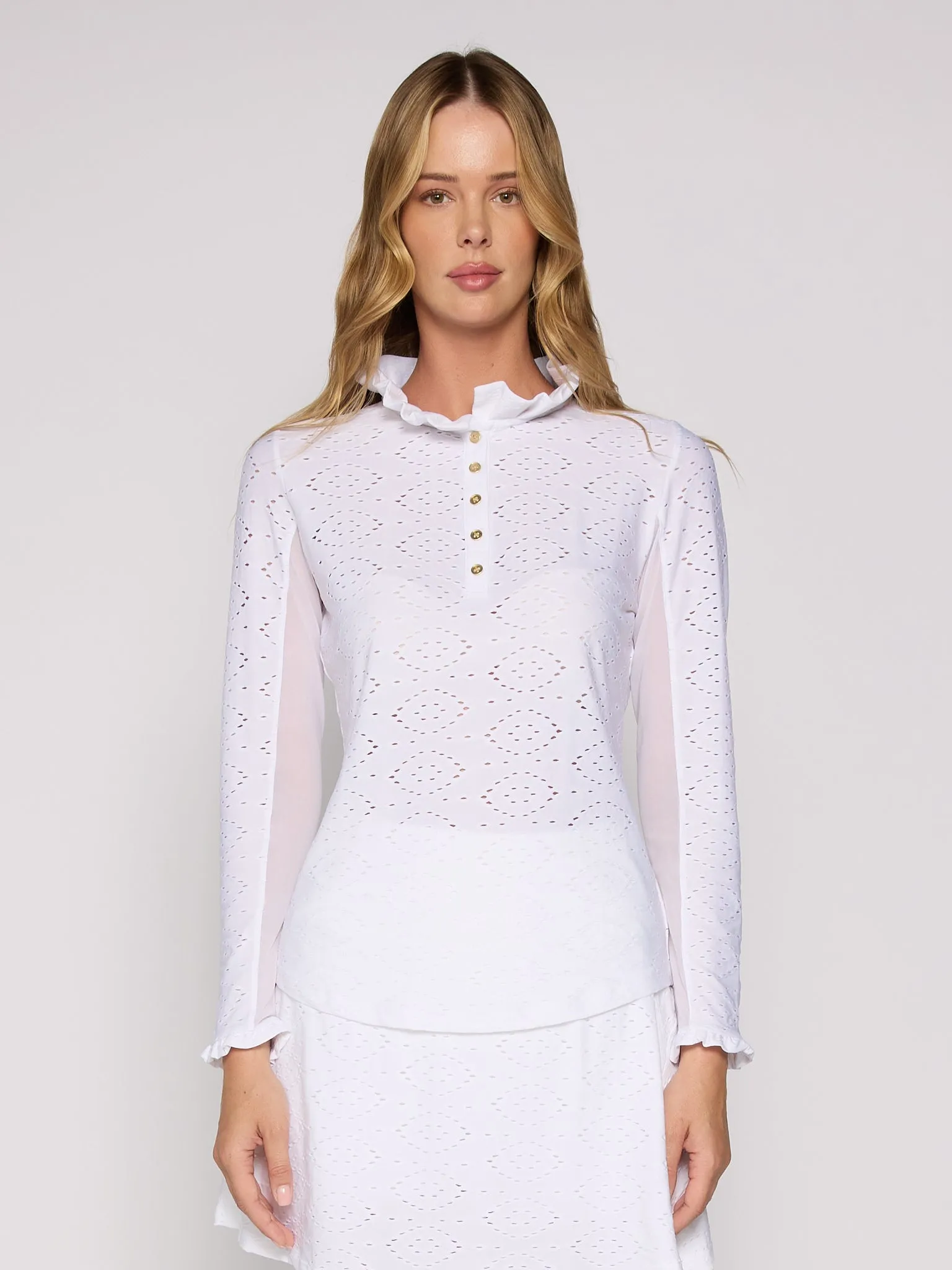 Long Sleeve Ruffle Top With Gold Buttons in Various Colors Soft Touch Blend Anti Bacterial Layer