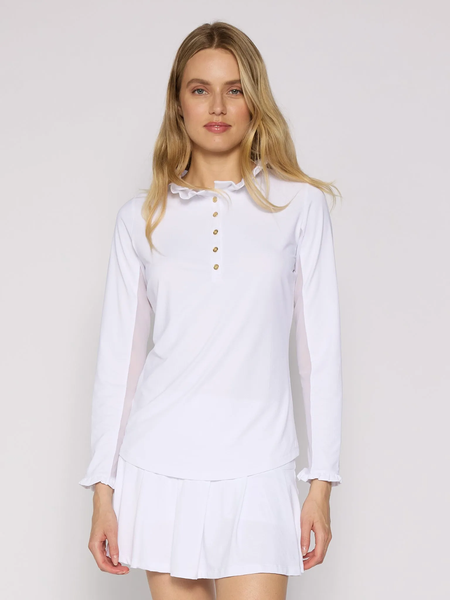 Sweat Absorbent Inner Layer TactileWeave Long Sleeve Ruffle Top With Gold Buttons in Various Colors