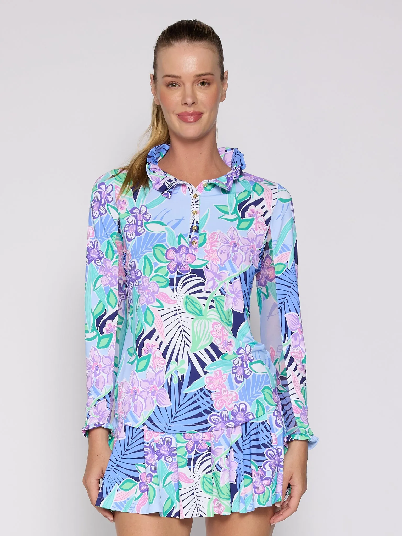 Tunic top AthleisureCompatible Long Sleeve Ruffle Top With Gold Buttons in Various Colors