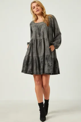 Peplum-Style Long Sleeve Tiered Garment Washed Dress