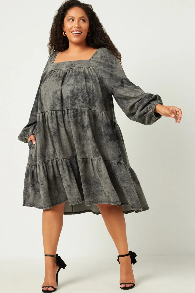 Balloon-Sleeve Chic Fit Long Sleeve Tiered Garment Washed Dress