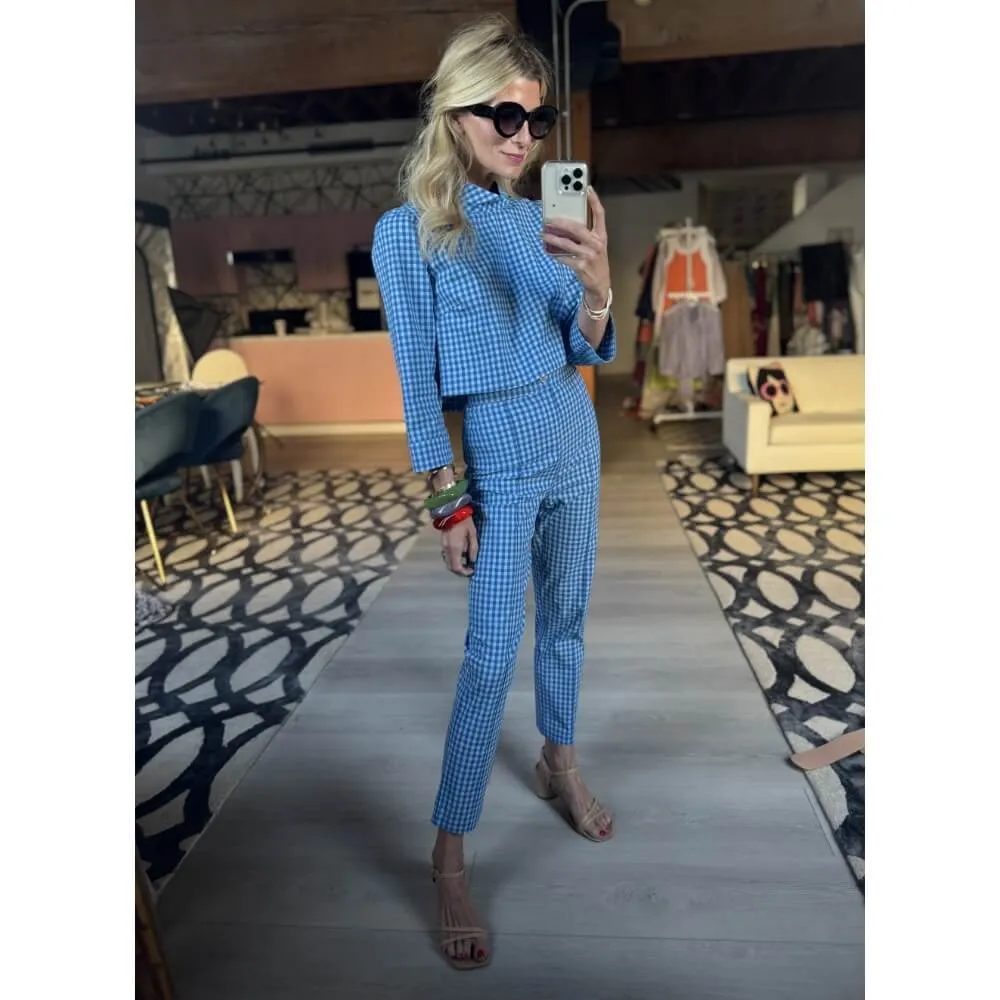 Long Sleeve Twiggy Top - Blue Gingham Non Restrictive Collar ReflectiveAccents