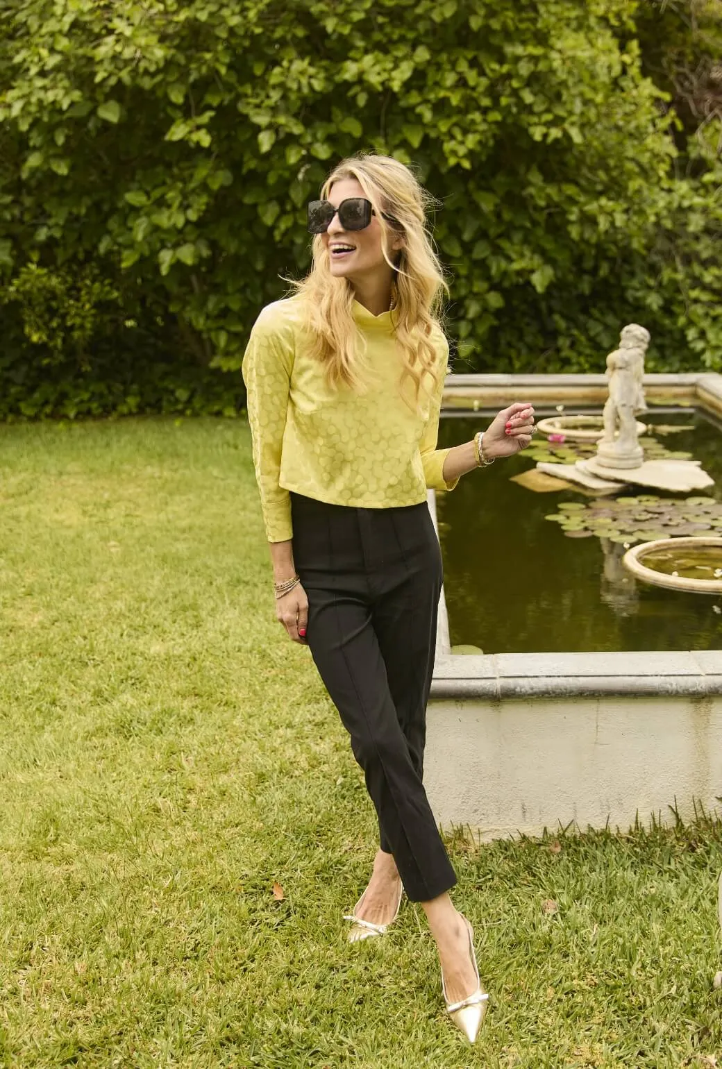 Minimalist Cuff Long Sleeve Twiggy Top - Yellow Satin Polka Dot