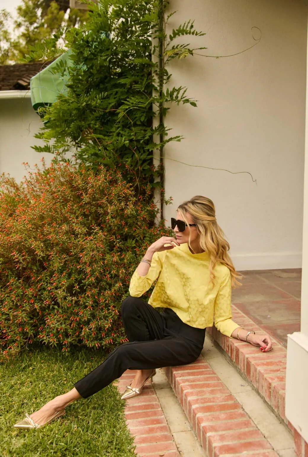 Long Sleeve Twiggy Top - Yellow Satin Polka Dot TaglessLabel RibbedTrim