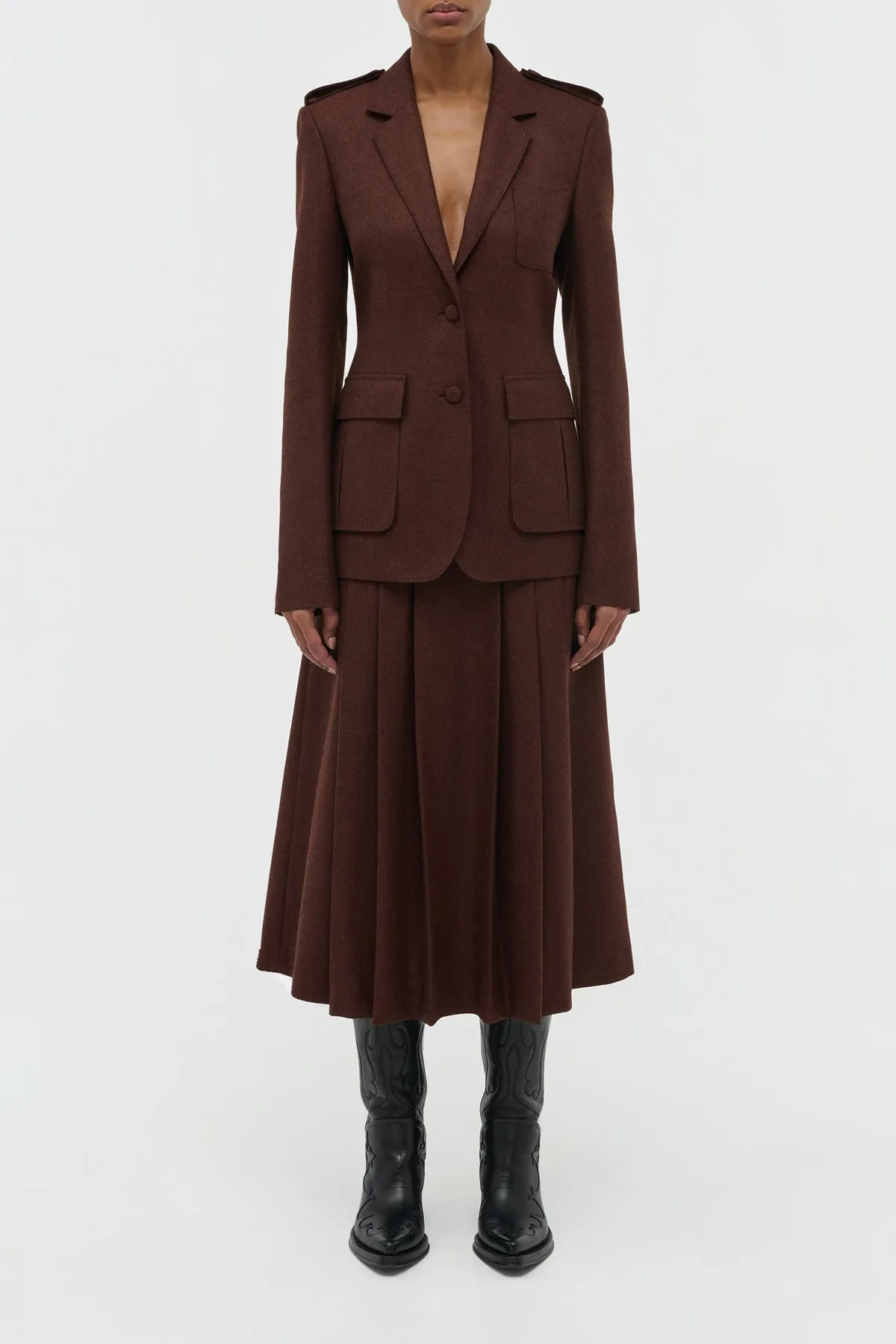 Louisa Blazer in Burnt Sienna Wool Cashmere Flannel Stretchable Neckline StretchMaterial