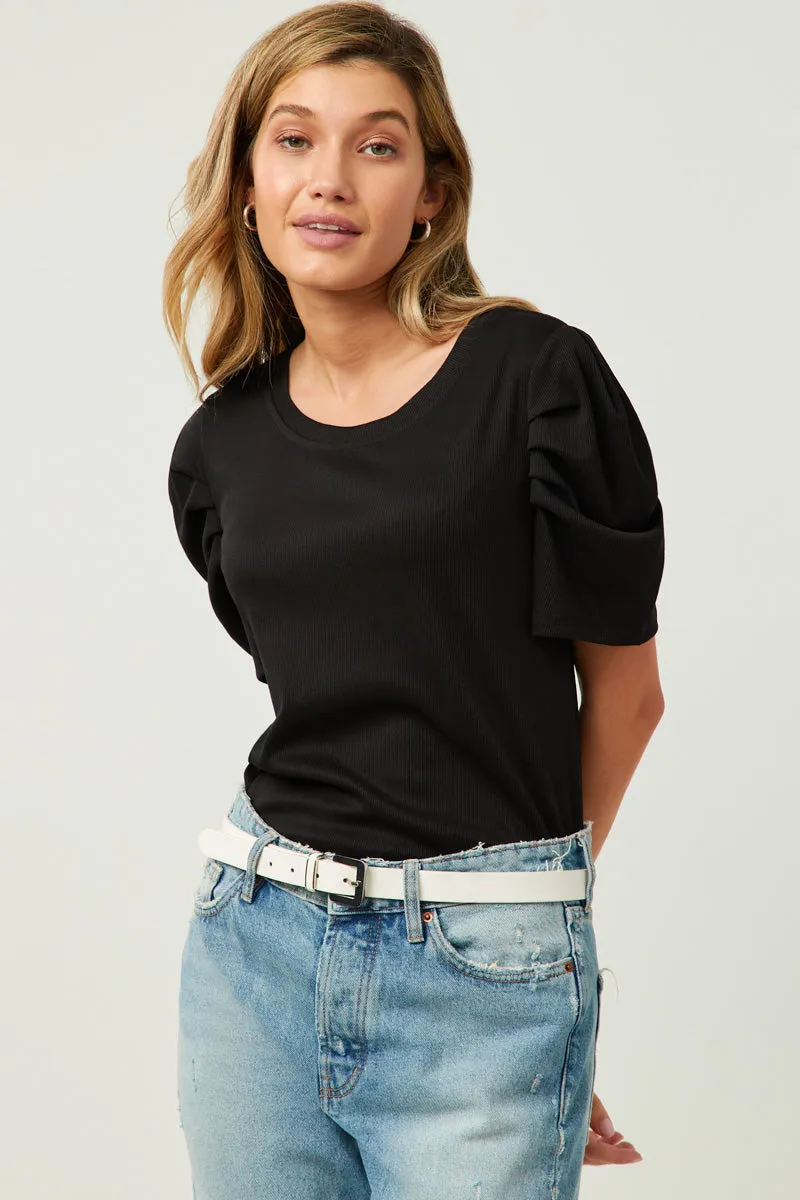 Ribbed Pleated Shoulder Puff Sleeve Top Double Stitched Seams
