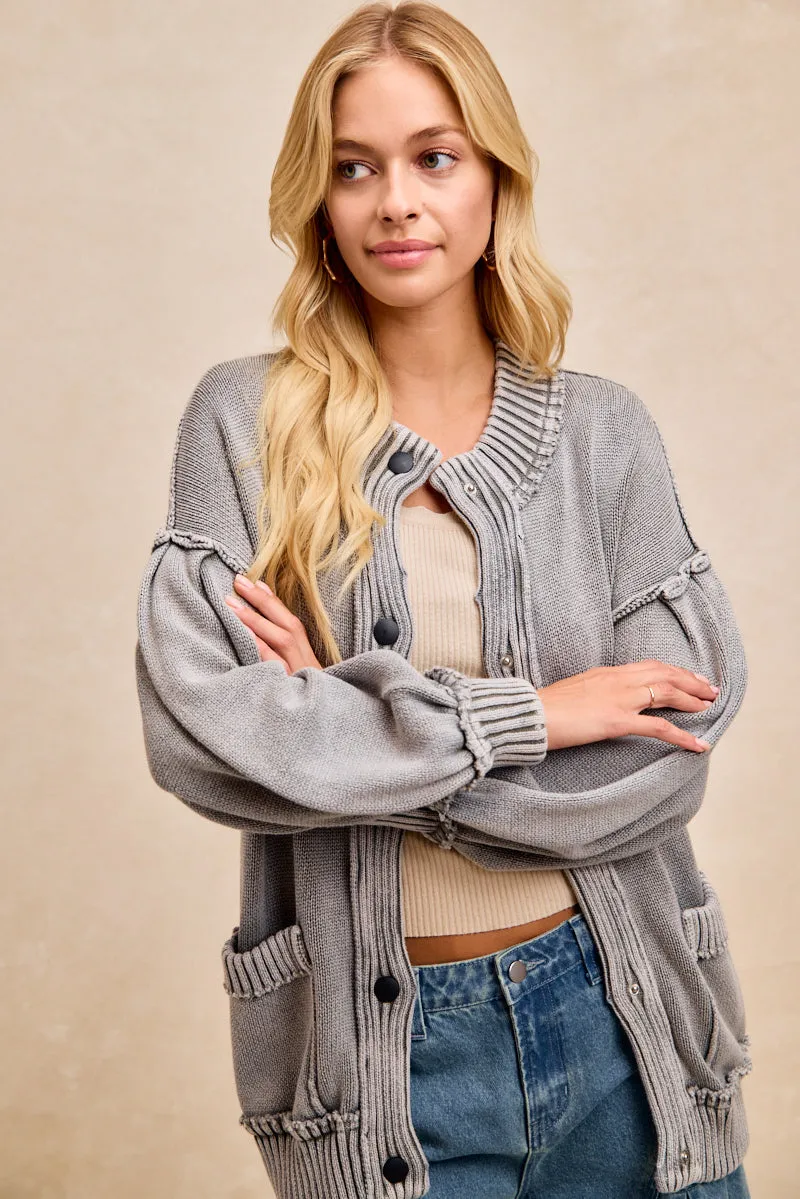 HighWaistSupport IT4836G-01 | WASHED RIB BANDED COTTON SWEATER KNT CARDIGAN TOP