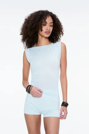 MultiLayer Stitching Tencel Cotton Hybrid Weave LUCIA TOP - BABY BLUE RHINESTONE