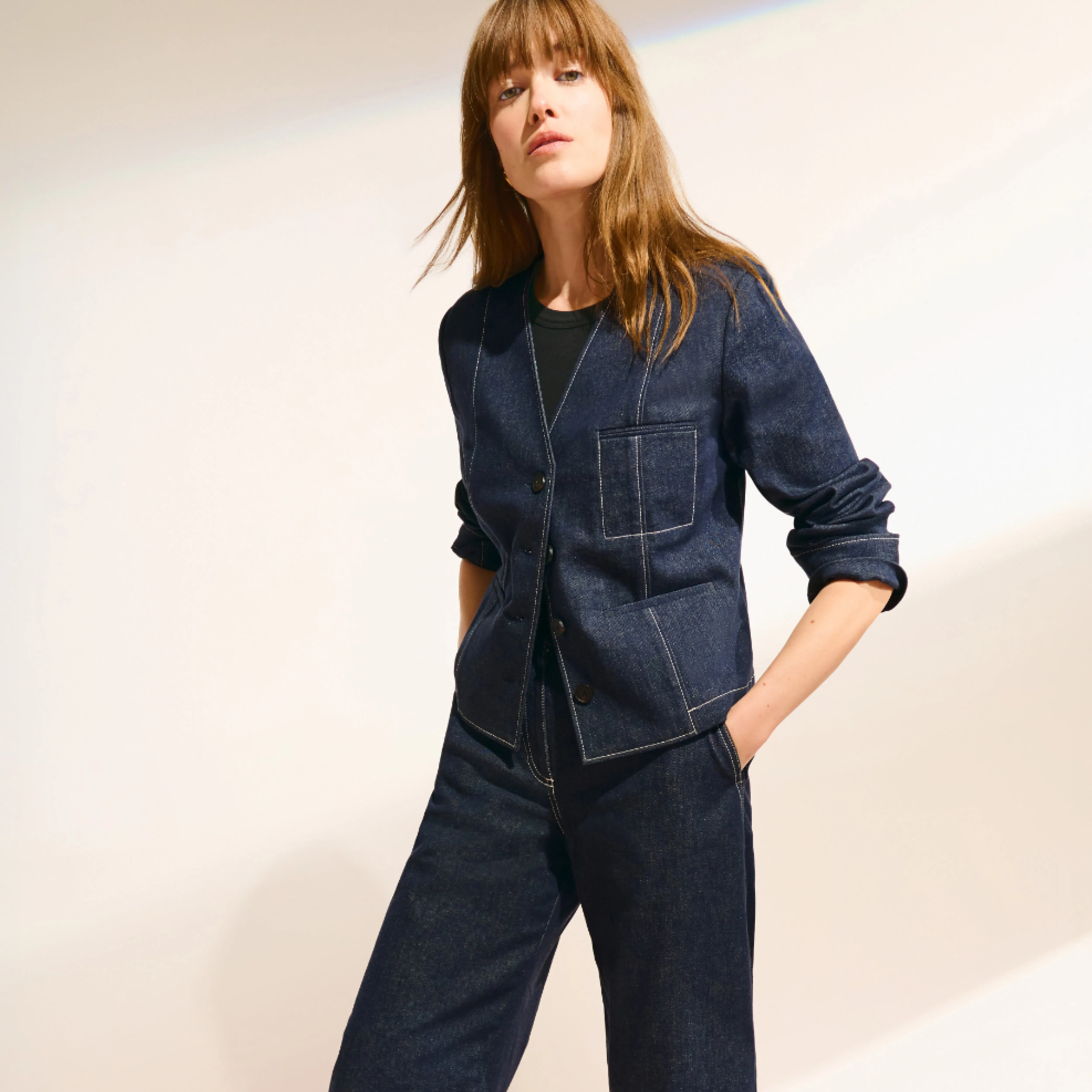 Warmth Retention NonBulkyLayering Ayla V-Neck Jacket - Stretch Denim :: Midnight Wash