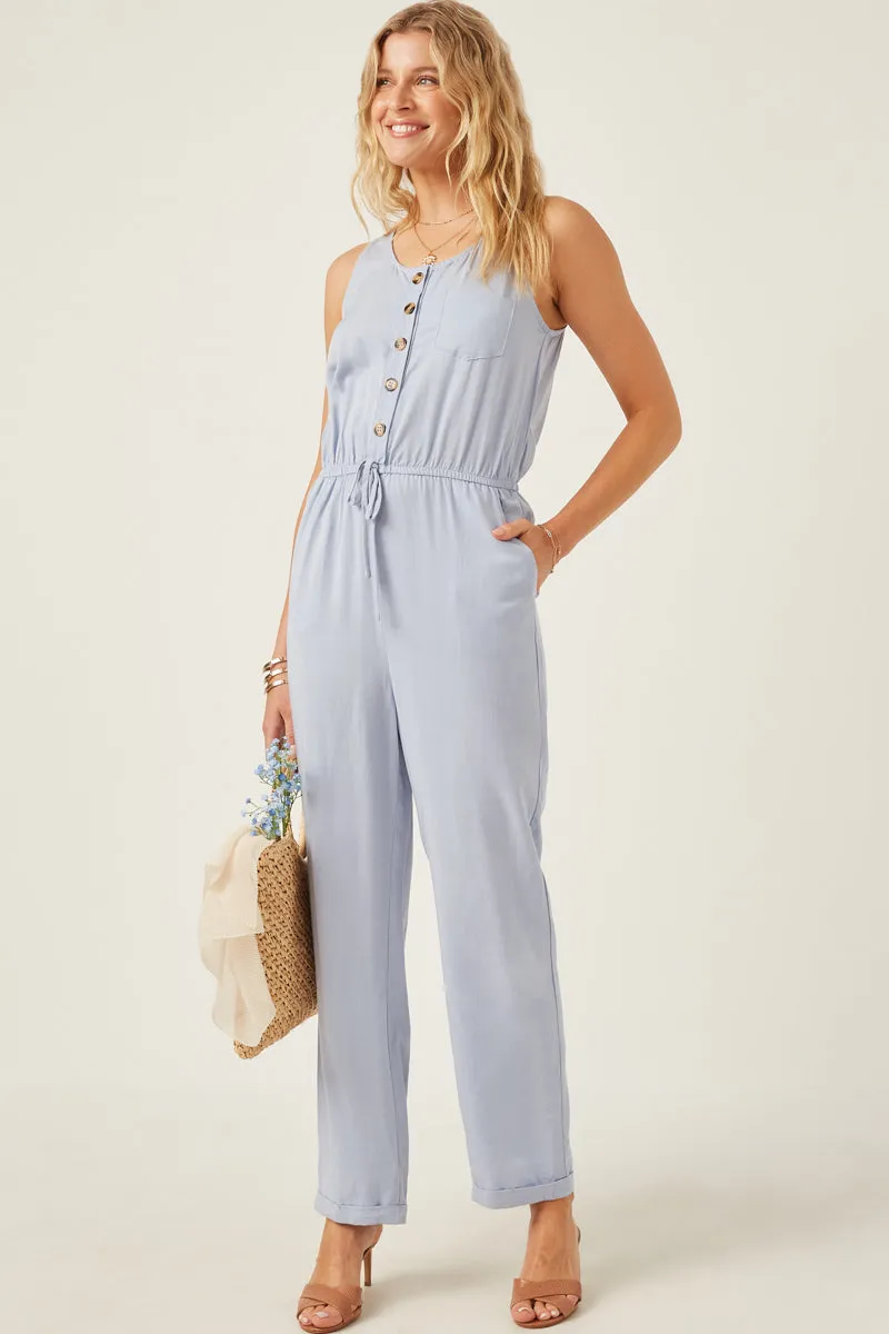 Drawstring Waist Button Detail Tank Jumpsuit Fashion Look Feminine flowing piece