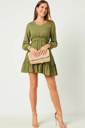 Minimalist-Style Swiss Dot Smocked Waist Ruffled Long Sleeve Dress