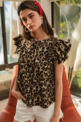 Autumn Ready IT4151-01 | LEOPARD PRINTS WITH RUFFLE SHORT SLEEVES BACK BOW TIED TOP
