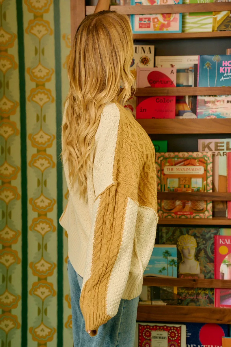 Weatherproof Seams Basic Essential Layer IT4627S-01 | CABLE KNIT WITH HACCI COMBO TOP WITH UNEVEN HEM DETAIL