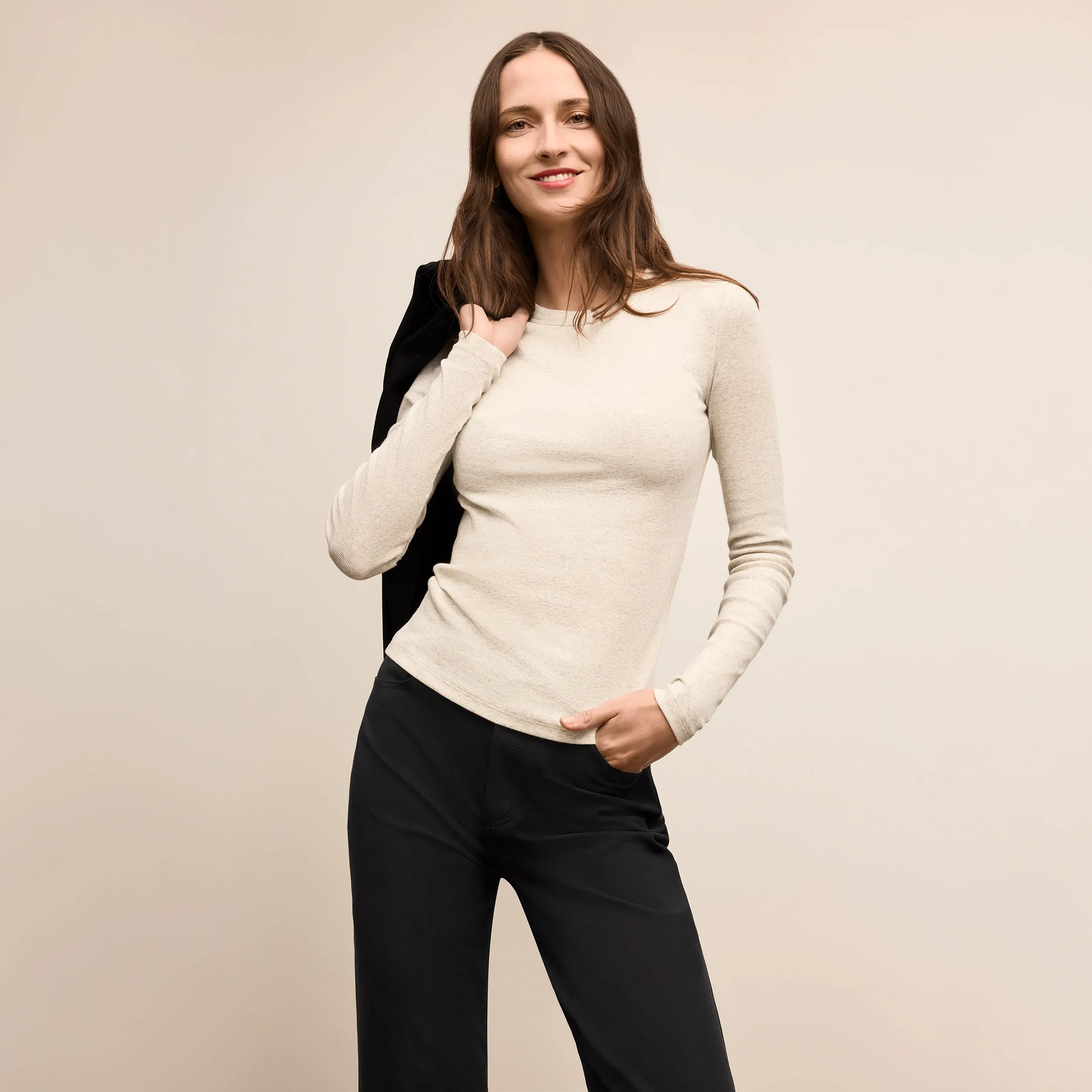 Malley Fitted Tee - Organic Ribbed Pima Cotton :: Beige Melange Stretchable Knit