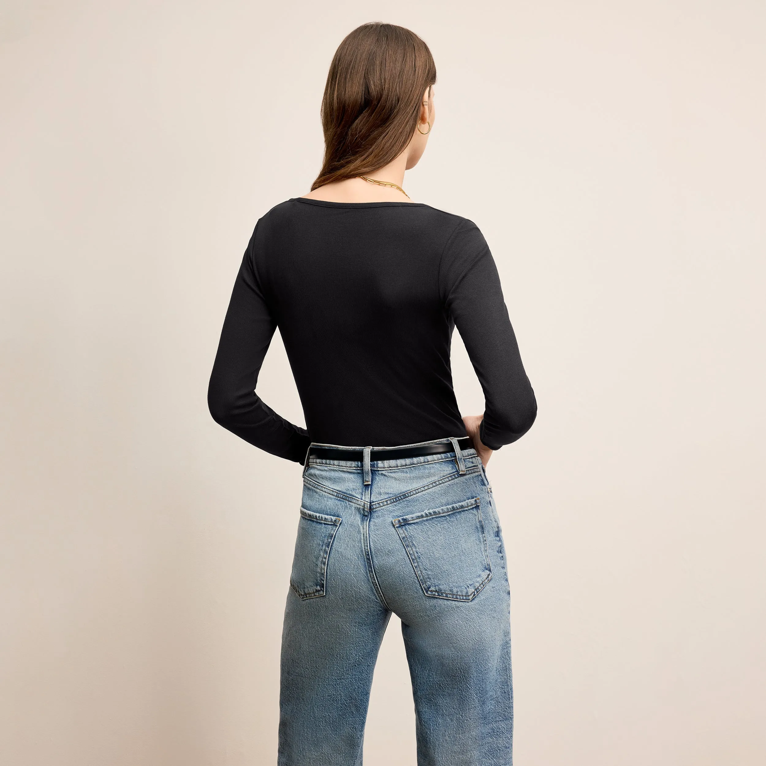 Flexible Ribbed Cuffs Wide Neck Opening Marcia Layering T-Shirt - Ribbed Pima Cotton :: Black