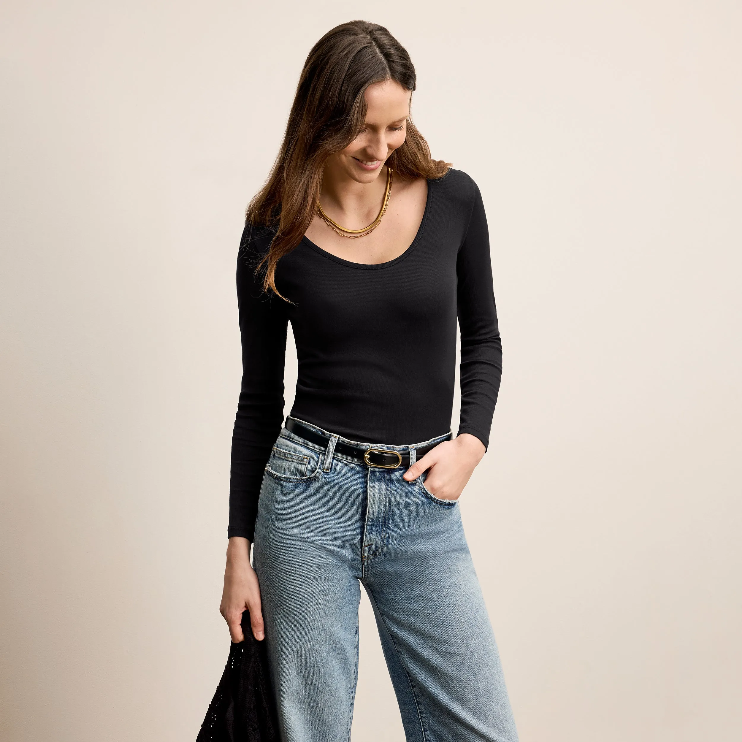 Marcia Layering T-Shirt - Ribbed Pima Cotton :: Black Smooth Neckline