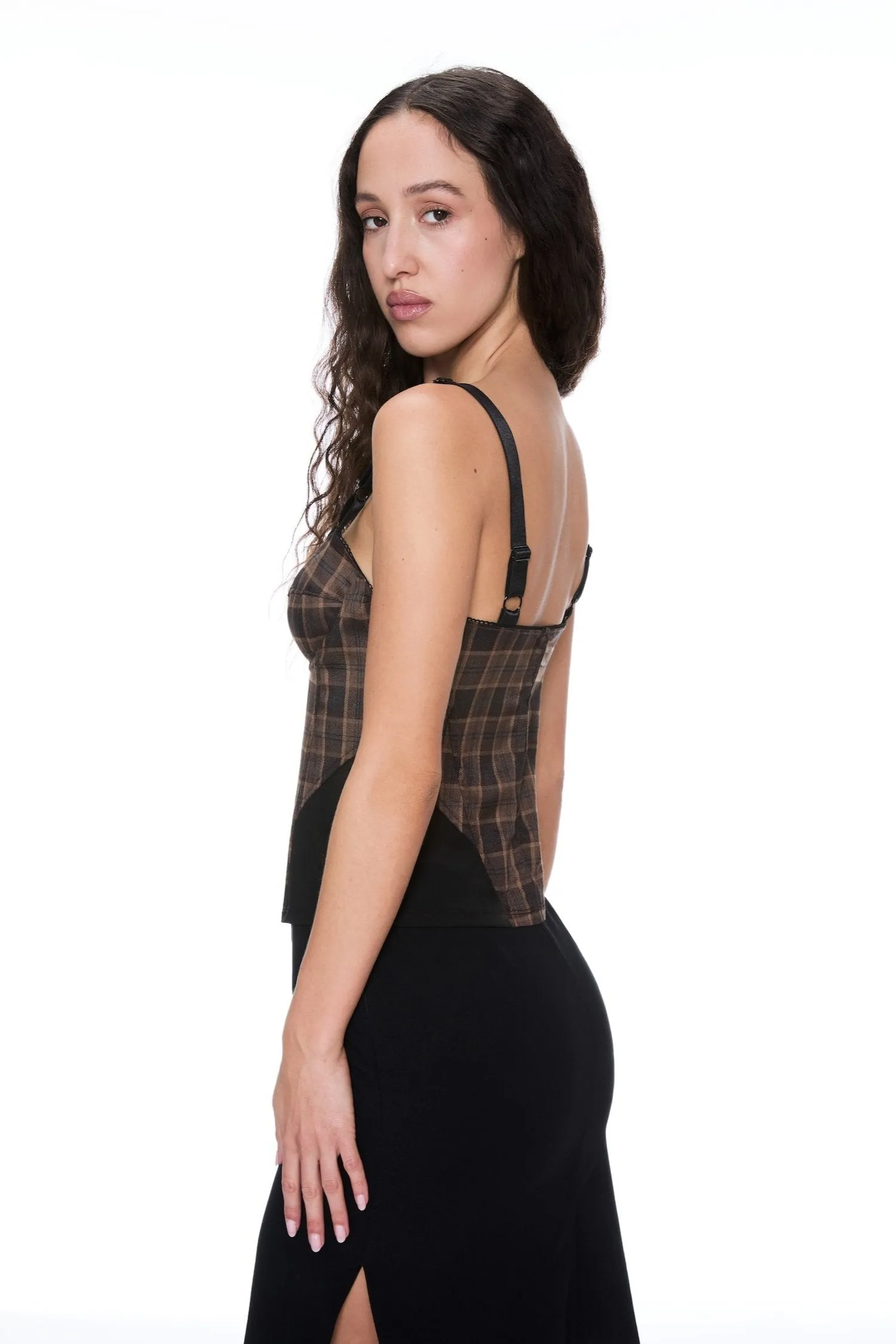MARGUERITE CORSET - PLAID BROWN Odor Control Finish Flatlock Seam Design