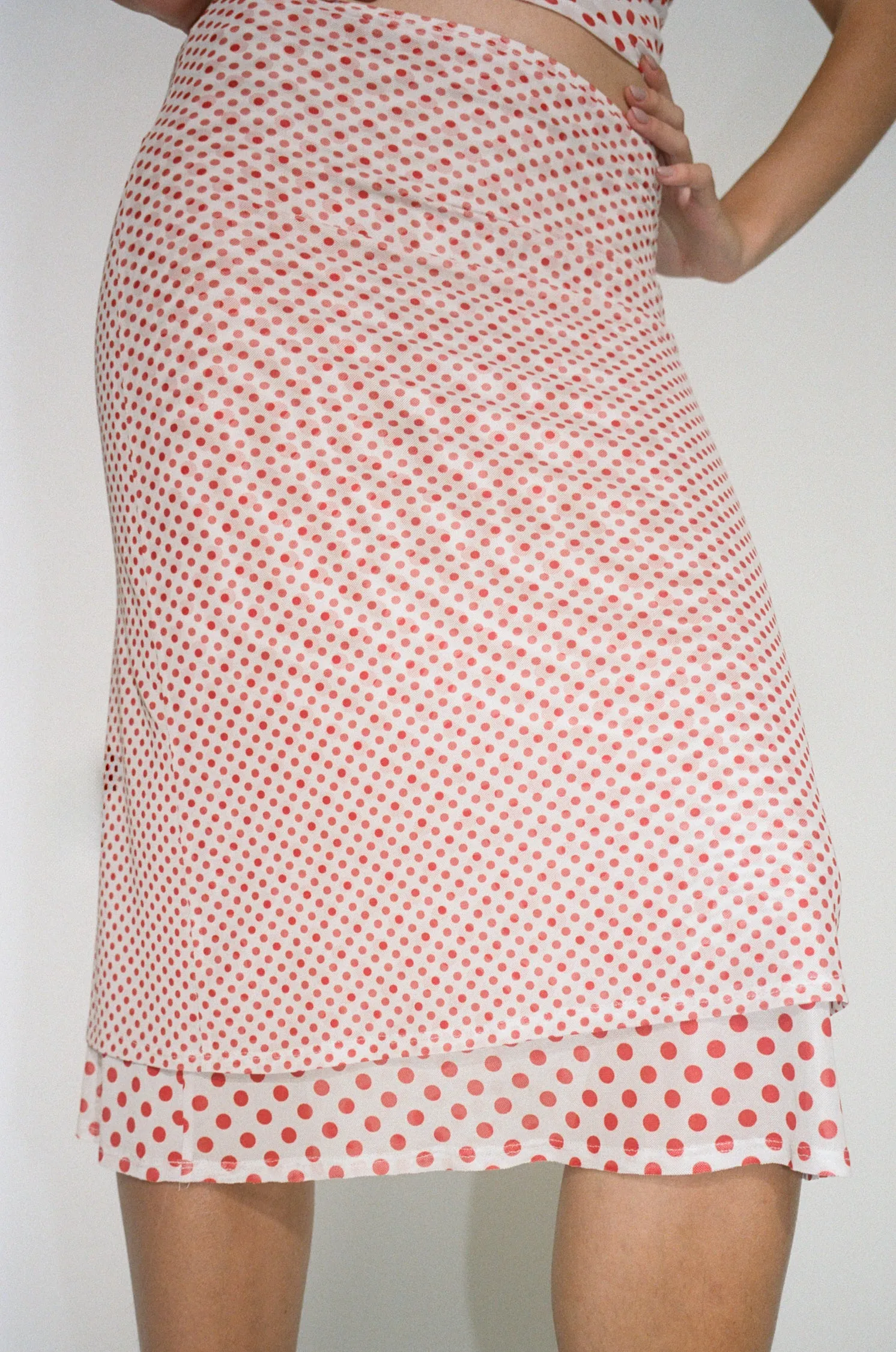 MARIA SKIRT - WHITE POLKA DOT Modern Tones button detail